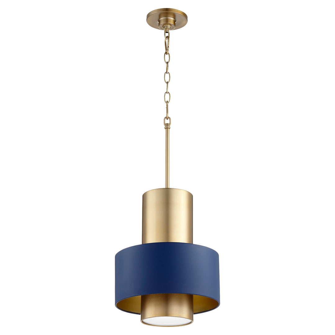 Two-Toned Blue/Aged Brass Cylinder Drum Pendant - Aged Brass