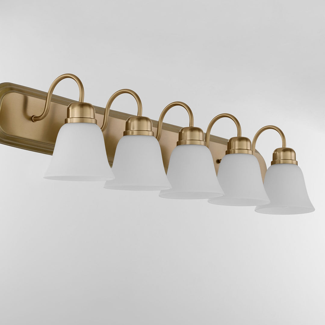 CAMPBELL 5 Light Vanity with Satin Opal - Aged Brass