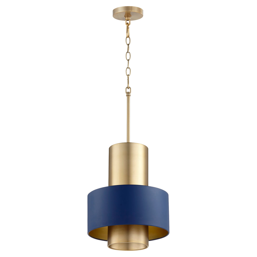 Two-Toned Blue/Aged Brass Cylinder Drum Pendant - Aged Brass